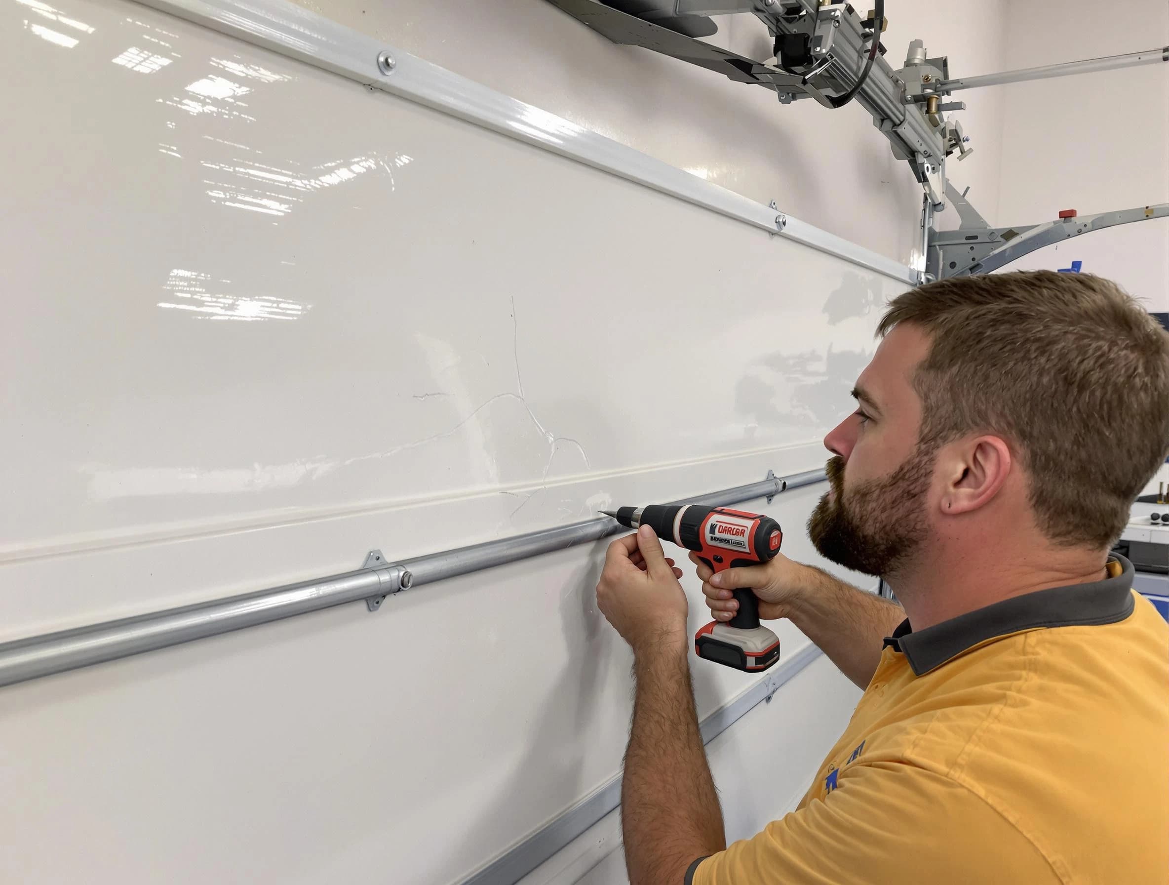 Minnetonka Garage Door Repair expert performing dent repair on garage door in Minnetonka