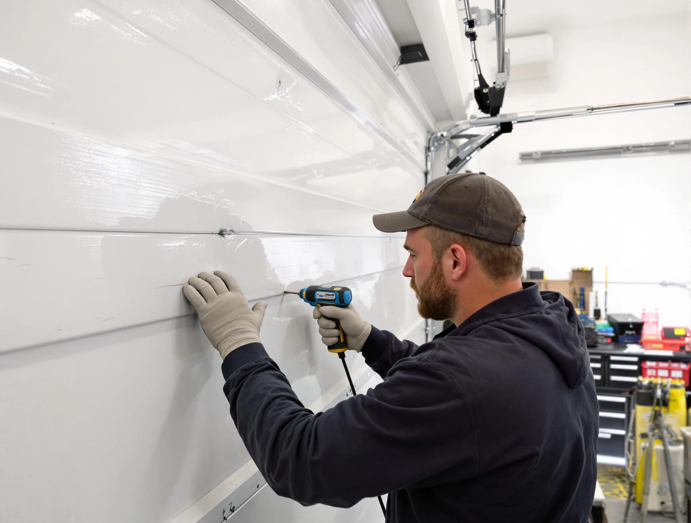 Minnetonka Garage Door Repair technician demonstrating precision dent removal techniques on a Minnetonka garage door